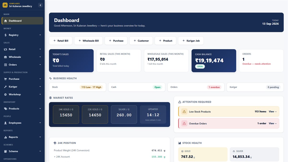 JewelAxis Cloud ERP dashboard showing live gold, silver and 24K rates plus available cash
